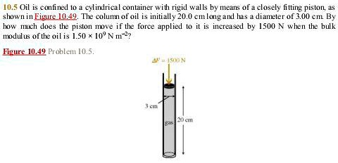 10.5 Oil is confined to a cylindrical container with rigid walls by means of a closely fitting piston, as shown in Figure 10.49. The column of oil is initially 20.0 cm long and has a diameter of 3.00 cm. By how much does the piston move if the force applied to it is increased by 1500 N when the bulk modulus of the oil is 1.50 × 10^9  N m^-2?
Figure 10.49 Problem 10.5.