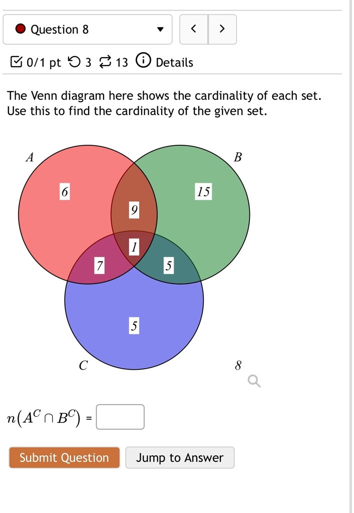 question 8 01 pt 3 13 details the venn diagram here shows the cardinality of each set use this to find the cardinality of the given set a b 6 15 9 c nac cap bc 1 7 5 5 submit question jump t 04512