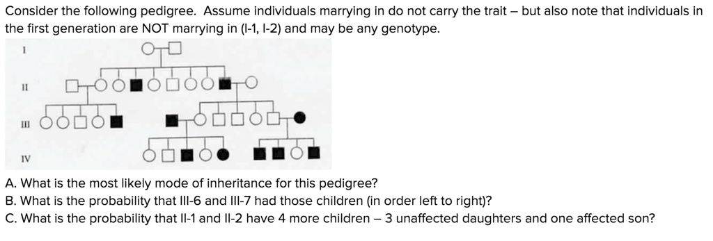Consider the following pedigree. Assume individuals marrying in do not carry the trait – but also note that individuals in the first generation are NOT marrying in (I-1, I-2) and may be any genotype.

A. What is the most likely mode of inheritance for this pedigree?
B. What is the probability that III-6 and III-7 had those children (in order left to right)?
C. What is the probability that II-1 and II-2 have 4 more children – 3 unaffected daughters and one affected son?