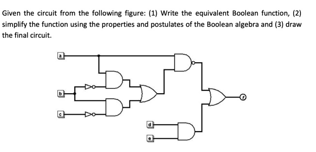 Given the circuit from the following figure: (1) Write the equivalent Boolean function, (2)
simplify the function using the properties and postulates of the Boolean algebra and (3) draw
the final circuit.