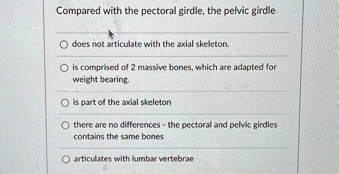 Compared with the pectoral girdle, the pelvic girdle.
does not articulate with the axial skeleton.
is comprised of 2 massive bones, which are adapted for weight bearing.
is part of the axial skeleton
there are no differences - the pectoral and pelvic girdles contains the same bones
articulates with lumbar vertebrae