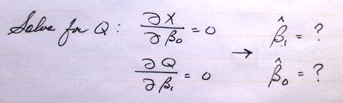 Solve for Q: (∂X)/(∂β0) = 0   →  β̂1̂ = ? 
 (∂Q)/(∂β1) = 0   β̂0̂ = ?