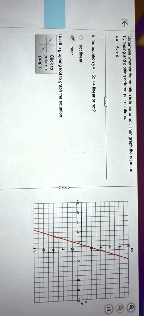 determine whether the equation is linear or not then graph the equation by finding and plotting ordered pair solutions y 5x4 is the equation y 5x 4 linear or not o not linear linear use the  29556
