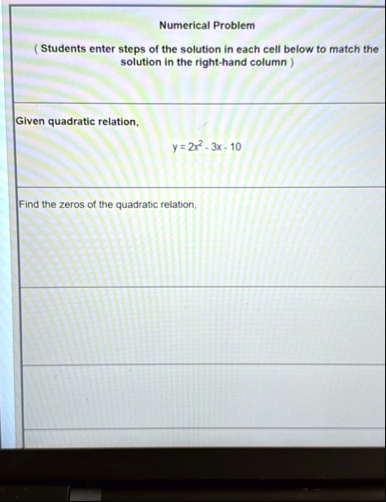 numerical problem students enter steps of the solution in each cell below to match the solution in the right hand column given quadratic relation y 2x2 3x 10 find the zeros of the quadratic  03068