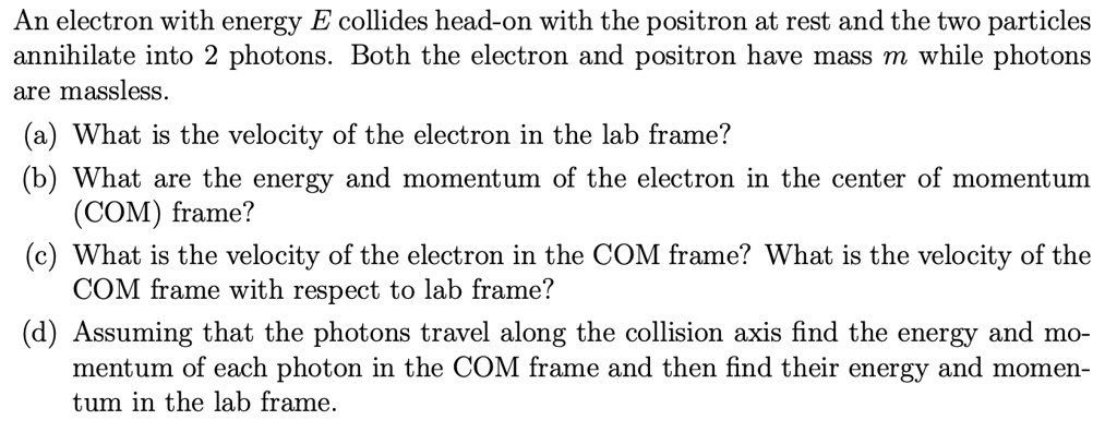 SOLVED: An electron with energy E collides head-on with the positron at ...