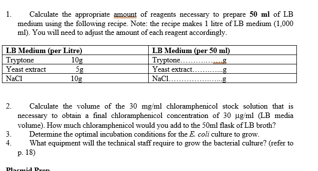 Solved Calculate The Appropriate Amount Of Reagents Necessary Prepare 50 Ml Of Lb Medium Using The Following Recipe Note The Recipe Makes Litre Of Lb Medium 1 000 Ml You Will Need To