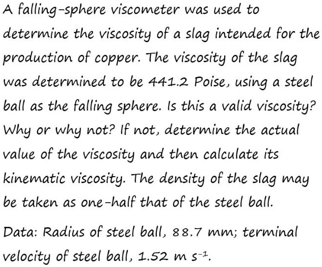 A fallingsphere was used to determine the viscosity of a