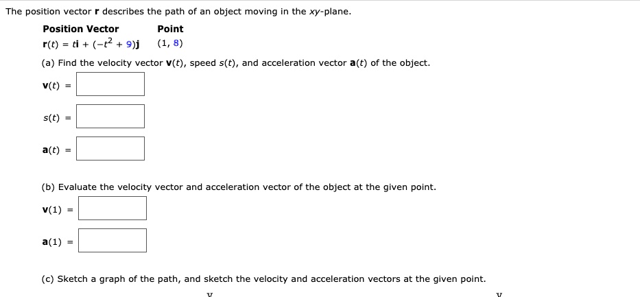The position vector r describes the path of an object moving in the xy-plane.
Position Vector Point
r(t) = ti + (-t^2 + 9)j (1, 8)
(a) Find the velocity vector v(t), speed s(t), and acceleration vector a(t) of the object.
v(t) =
s(t) =
a(t) =
(b) Evaluate the velocity vector and acceleration vector of the object at the given point.
v(1) =
a(1) =
(c) Sketch a graph of the path, and sketch the velocity and acceleration vectors at the given point.