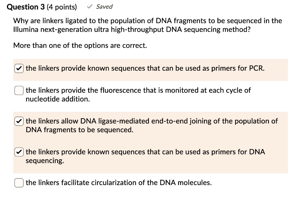 SOLVED: Question 3 (4 points) Saved: Why are linkers ligated to the ...