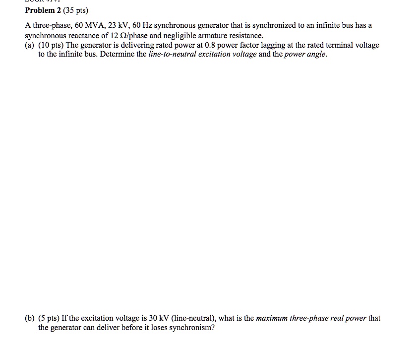 problem 2 35 pts a three phase 60 mva 23 kv 60 hz synchronous generator ...