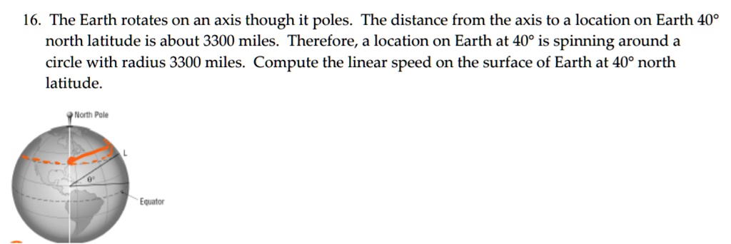 16. The Earth rotates on an axis though it poles. The distance from the axis to a location on Earth 40°
north latitude is about 3300 miles. Therefore, a location on Earth at 40° is spinning around a
circle with radius 3300 miles. Compute the linear speed on the surface of Earth at 40° north
latitude.