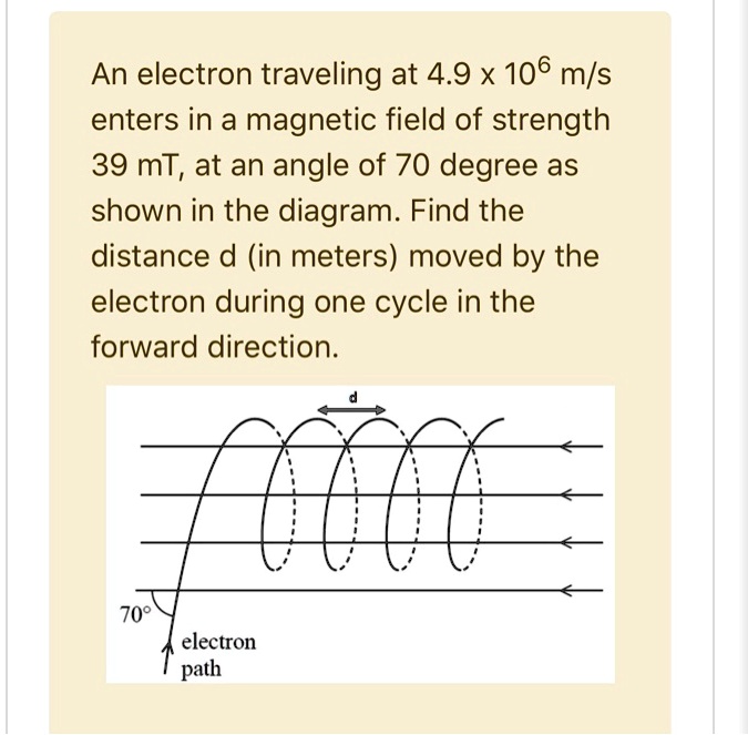 An electron traveling at 4.9 x 10^6 m/s enters in a magnetic field of ...