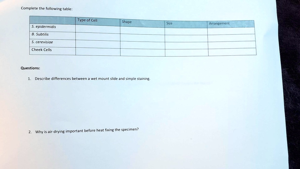 SOLVED Complete the following table Type of Cell Shape S. epidermidis B. subtilis Size
