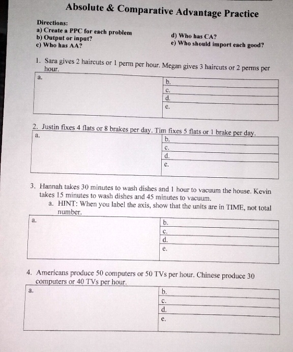 Absolute     Comparative Advantage Practice
Directions:
a) Create a PPC for each problem
b) Output or input?
c) Who has AA?
d) Who has CA?
e) Who should import each good?
1. Sara gives 2 haircuts or 1 perm per hour. Megan gives 3 haircuts or 2 perms per
hour.
a.
b.
c.
d.
e.
2. Justin fixes 4 flats or 8 brakes per day. Tim fixes 5 flats or 1 brake per day.
a.
b.
c.
d.
e.
3. Hannah takes 30 minutes to wash dishes and 1 hour to vacuum the house. Kevin
takes 15 minutes to wash dishes and 45 minutes to vacuum.
a. HINT: When you label the axis, show that the units are in TIME, not total
number.
a.
b.
c.
d.
e.
4. Americans produce 50 computers or 50 TVs per hour. Chinese produce 30
computers or 40 TVs per hour.
a.
b.
c.
d.
e.