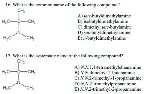 Solved 16 What Is The Common Name Of The Following Compound Ch Tert Butyldimethylamine Ac Ch B Isobutyldimethylamine Dimethyl Tert Butylamine D Sec Butyldimethylamine A C Ch E N Butyldimethylamine 17 What Is The Systematic Name Of The