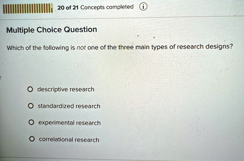 Multiple Choice Question
Which of the following is not one of the three main types of research designs?
O descriptive research
O standardized research
O experimental research
O correlational research