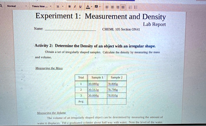 experiment 1 measurement and density lab report