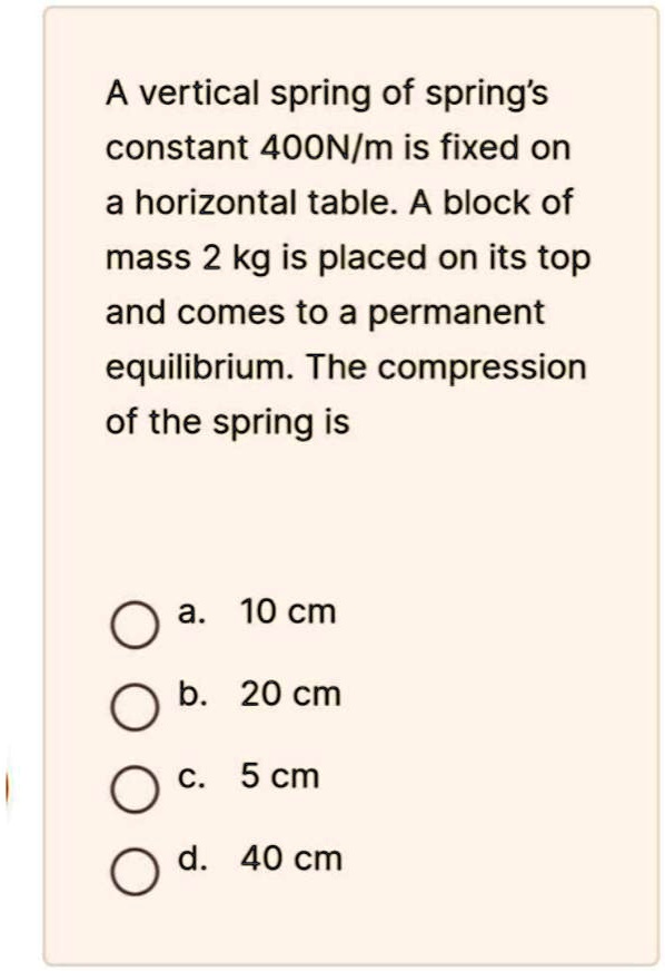 SOLVED: A vertical spring of spring's constant 400(N)/(m) is fixed on a ...