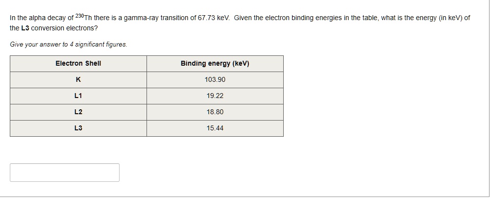In the alpha decay of 230Th there is a gamma-ray transition of 67.73 keV. Given the electron binding energies in the table, what is the energy (in keV) of the L3 conversion electrons?
Give your answer to 4 significant figures.
Electron Shell Binding energy (keV)
K 103.90
L1 19.22
L2 18.80
L3 15.44