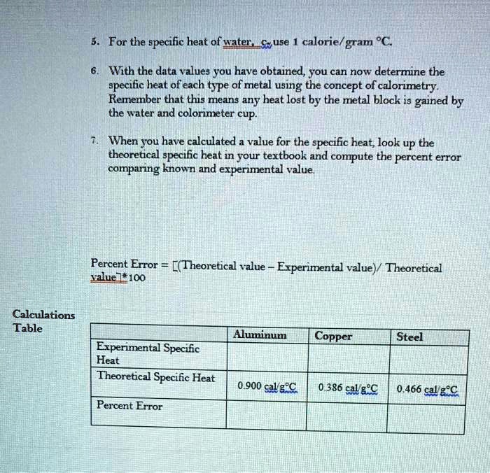 SOLVED For the specific heat of water, use calorie/gram. With the data