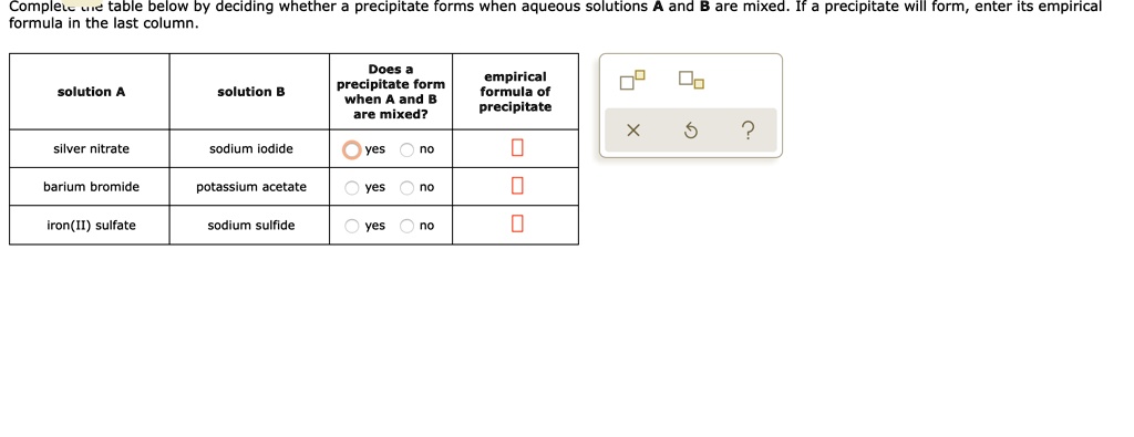 Complete the table below by deciding whether a precipitate forms when aqueous solutions A and B are mixed. If a precipitate will form, enter its empirical formula in the last column.
solution A | solution B | Does a precipitate form when A and B are mixed? | empirical formula of precipitate
silver nitrate | sodium iodide | yes no
barium bromide | potassium acetate | yes no
iron(II) sulfate | sodium sulfide | yes no