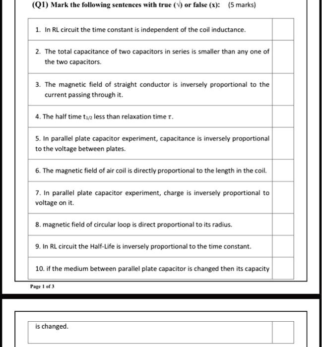 SOLVED Ql)Mark the following sentences with true(v)or falsex (5marks) 1. In RL circuit the time