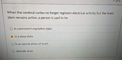 When the cerebral cortex no longer registers electrical activity but the brain stem remains active, a person is said to be
in a persistent vegetative state.
in a sleep state.
in an agonal phase of death.
clinically dead.
