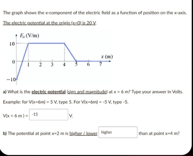 the graph shows the x component of the electric field as a function of position on the x axis the electric potential at the origin x0 is 20 v ex vm 10 0 1 2 3 4 5 6 7 10 x m a what is the e 17202