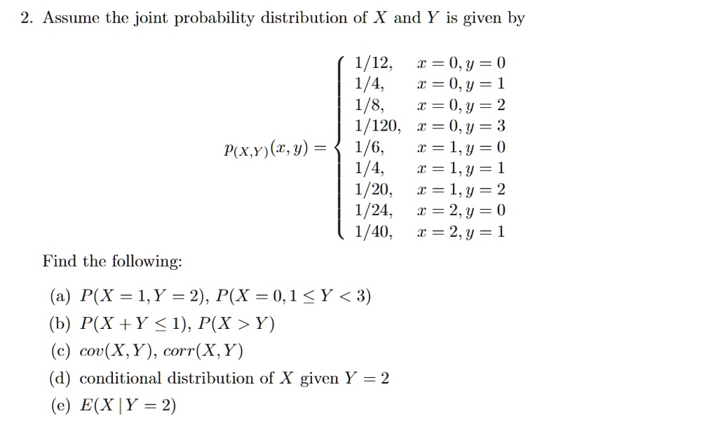 Solved 2 Assumc The Joint Probability Distribution Of X And Y Is Givcn By 1 12 I 0 Y 0 1 4 I 0 Y 1 1 8 1 0 Y 2 1 1