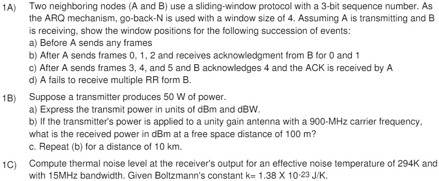 1A) Two neighboring nodes (A and B) use a sliding-window protocol with ...