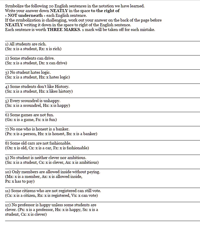 SOLVED Symbolize the following 20 English sentences in the notation