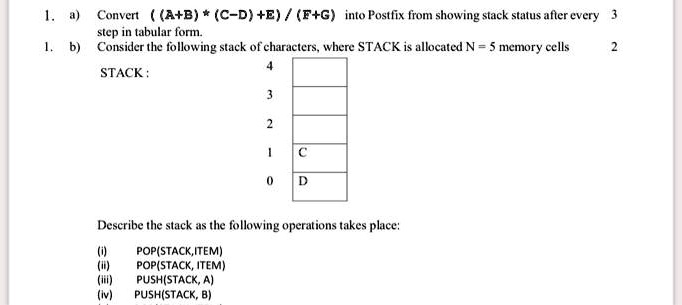 Convert A + B * C - D + E / F + G into Postfix, showing stack status ...