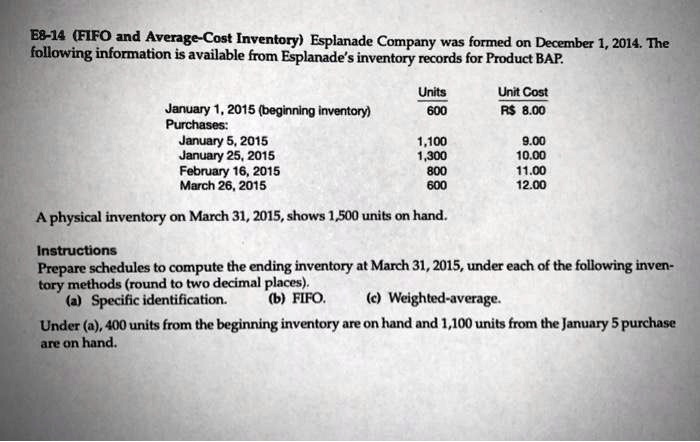Esplanade Company was formed on December 1, 2014. The following information is available from Esplanade's inventory records for Product BAP.

Units Unit Cost
January 1, 2015 (beginning inventory) 600 R8.00
Purchases:
January 5, 2015 1,100 9.00
January 25, 2015 1,300 10.00
February 16, 2015 800 11.00
March 26, 2015 600 12.00

A physical inventory on March 31, 2015, shows 1,500 units on hand.

Instructions
Prepare schedules to compute the ending inventory at March 31, 2015, under each of the following inventory methods (round to two decimal places).
(a) Specific identification.
(b) FIFO.
(c) Weighted-average.

Under (a), 400 units from the beginning inventory are on hand and 1,100 units from the January 5 purchase are on hand.