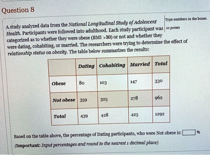 SOLVED Question 8 Type numbers in the boxes. A study analyzed