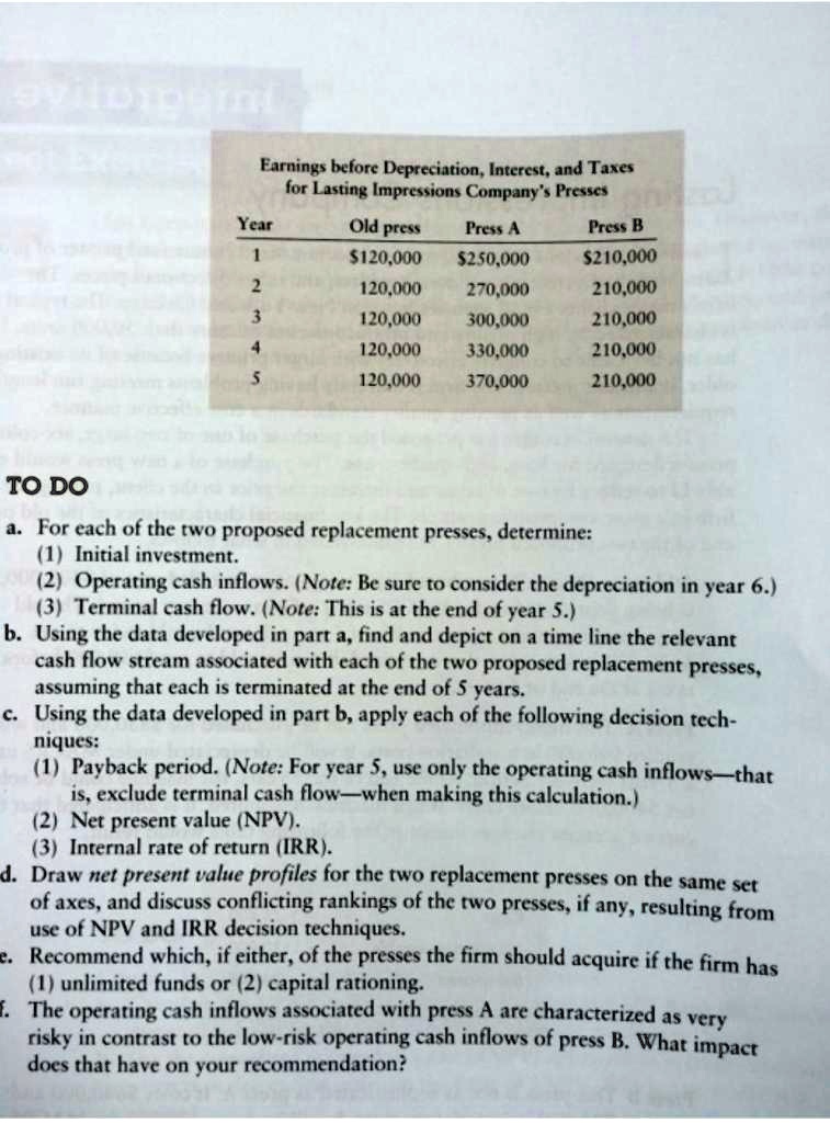 Earnings before Depreciation, Interest, and Taxes
for Lasting Impressions Company's Presses
Year Old press Press A Press B
1 120,000250,000 210,000
2 120,000 270,000 210,000
3 120,000 300,000 210,000
4 120,000 330,000 210,000
5 120,000 370,000 210,000

TO DO
a. For each of the two proposed replacement presses, determine:
(1) Initial investment.
(2) Operating cash inflows. (Note: Be sure to consider the depreciation in year 6.)
(3) Terminal cash flow. (Note: This is at the end of year 5.)
b. Using the data developed in part a, find and depict on a time line the relevant
cash flow stream associated with each of the two proposed replacement presses,
assuming that each is terminated at the end of 5 years.
c. Using the data developed in part b, apply each of the following decision tech-
niques:
(1) Payback period. (Note: For year 5, use only the operating cash inflows—that
is, exclude terminal cash flow—when making this calculation.)
(2) Net present value (NPV).
(3) Internal rate of return (IRR).
d. Draw net present value profiles for the two replacement presses on the same set
of axes, and discuss conflicting rankings of the two presses, if any, resulting from
use of NPV and IRR decision techniques.
e. Recommend which, if either, of the presses the firm should acquire if the firm has
(1) unlimited funds or (2) capital rationing.
f. The operating cash inflows associated with press A are characterized as very
risky in contrast to the low-risk operating cash inflows of press B. What impact
does that have on your recommendation?