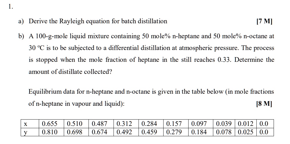 1 a derive the rayleigh equation for batch distillation 7 m b a 100 g ...