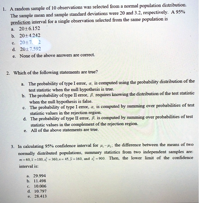 SOLVED: A Random Sample Of 10 Observations Was Selected From Normal ...