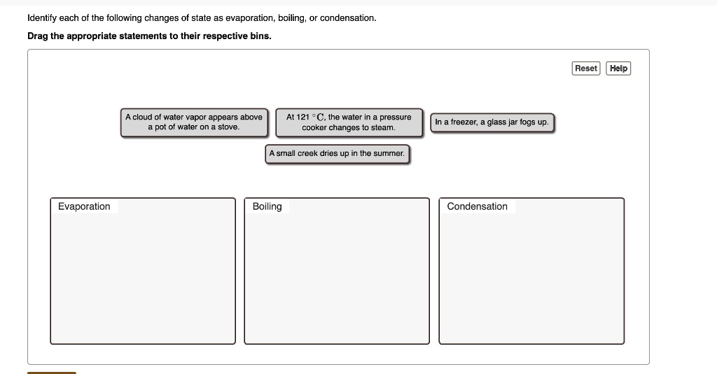 Identify each of the following changes of state as evaporation, boiling, or condensation.
Drag the appropriate statements to their respective bins.

A cloud of water vapor appears above a pot of water on a stove.
At 121 °C, the water in a pressure cooker changes to steam.
In a freezer, a glass jar fogs up.
A small creek dries up in the summer.

Evaporation
Boiling
Condensation