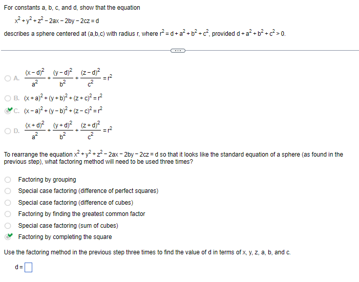 SOLVED: For constants a, b, c, and d, show that the equation x^2+y^2+z ...