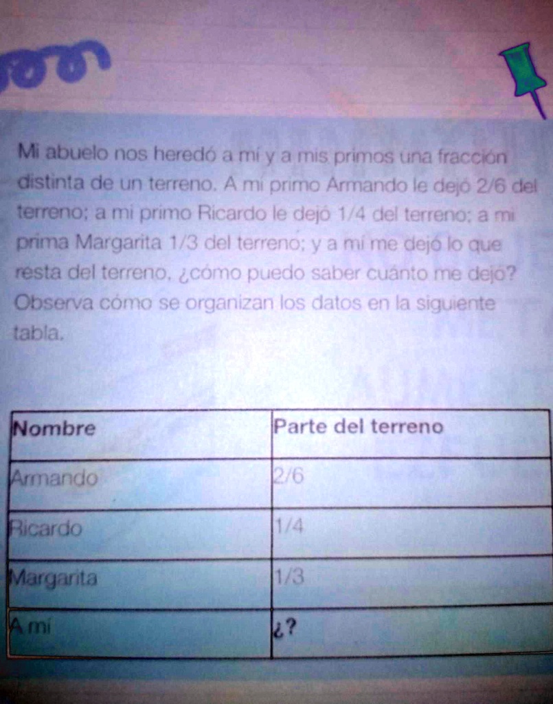 Solved Ayuda Por Favor Es De Sexto Mi Abuelo Nos Heredo A Miy A Mnis Primos Una Fraccion Distinta De Un Terreno Ami Prirno Armando Le Dejo 2 6 Del Ierreno A Mi