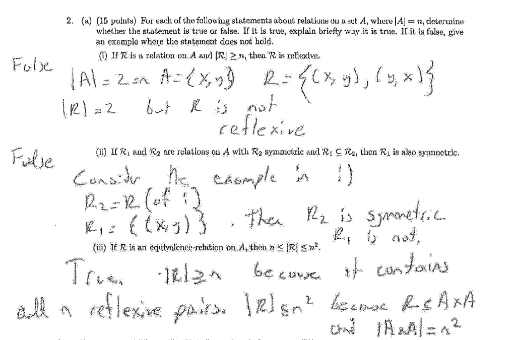 2. (a) (15 points) For each of the following statements about relations on a set A, where |A| = n, determine
whether the statement is true or false. If it is true, explain briefly why it is true. If it is false, give
an example where the statement does not hold.
(i) If R is a relation on A and |R| > n, then R is reflexive.
False |A| = 2 and A = {x, y} R = {(x, y), (y, x)}
|R| = 2 but R is not
reflexive
(ii) If R1 and R2 are relations on A with R2 symmetric and R1 ⊆ R2, then R1 is also symmetric.
False Consider the example in 1)
R2 = R (of 1)
R1 = {(x, y)}
. then R2 is symmetric
R1 is not.
(iii) If R is an equivalence-relation on A, then n ≤ |R| ≤ n^2.
True, |R| ≥ n because it contains
all n reflexive pairs. |R| ≤ n^2 because R ⊆ A × A
and |A × A| = n^2