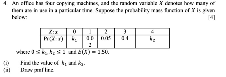 An office has four copying machines, and the random variable X denotes ...