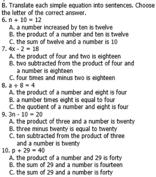 VIDEO solution: B. Translate each simple equation into sentences ...