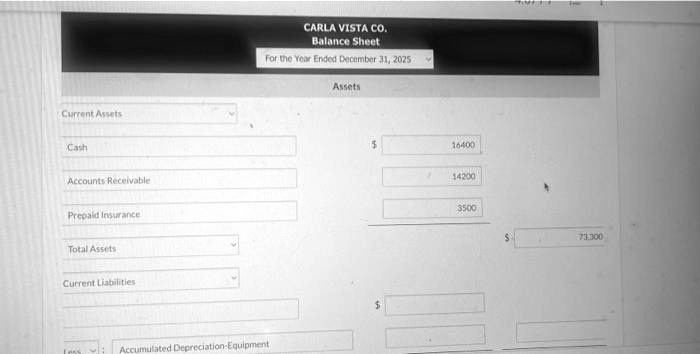 CARLA VISTA CO.
Balance Sheet
For the Year Ended December 31, 2025
Assets
Current Assets
Cash 16400
Accounts Receivable 14200
Prepaid Insurance 3500
Total Assets 73,300
Current Liabilities
Accumulated Depreciation-Equipment