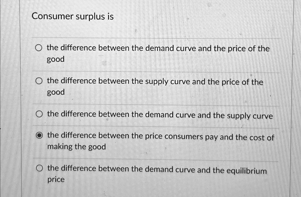 Consumer surplus is the difference between the demand curve...