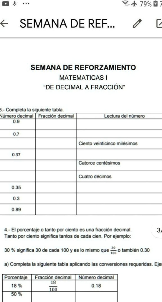 tabla de fracciones a decimales