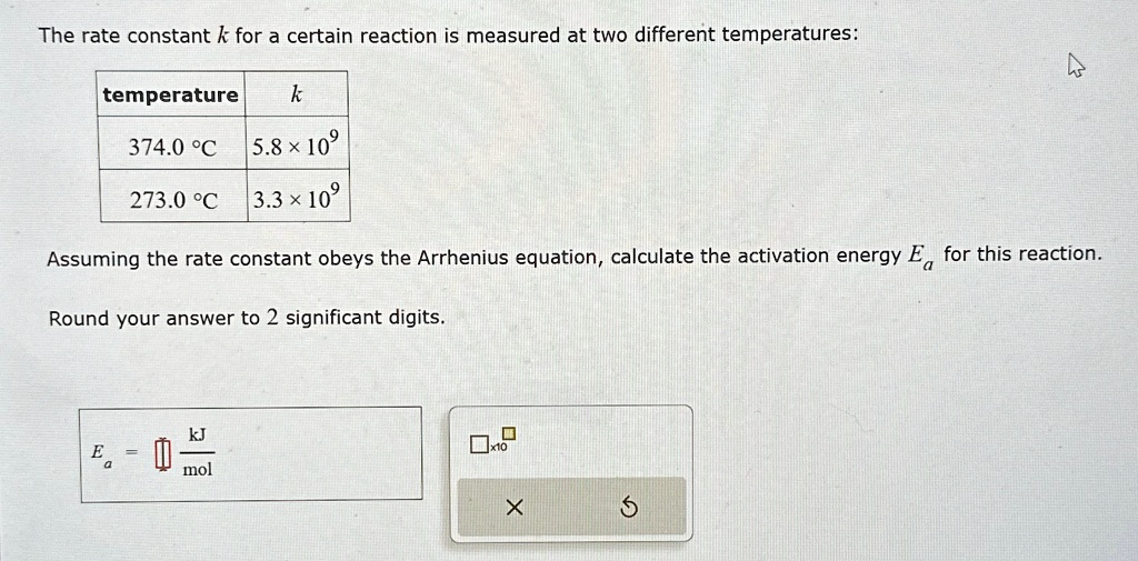 The rate constant k for a certain reaction is measured at two different ...