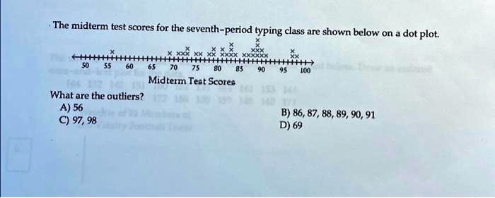 The midterm test scores for the seventh-period typing class are shown below on a dot plot.
X
XXX
X
x xxx xx xx xxxx xxxxxx
xx
50 55 60 65 70 75 80 85 90 95 100
Midterm Test Scores
146
What are the outliers?
A) 56
C) 97, 98
B) 86, 87, 88, 89, 90, 91
D) 69