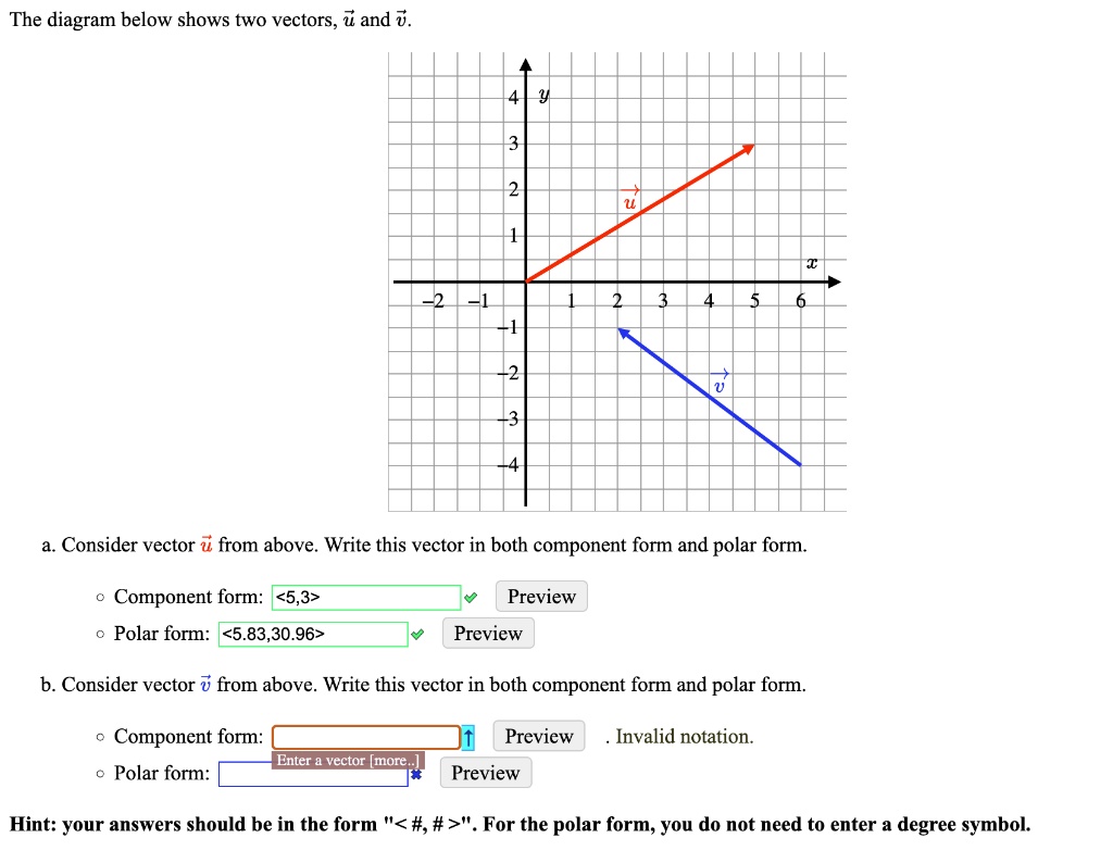 SOLVED: The diagram below shows two vectors, U and v Consider vector from  above. Write this vector in both component form and polar form Component  form: <5,3> Polar form: <5.83,30.96> Preview Preview