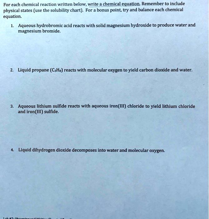 SOLVED For each chemical reaction written below, write chemical